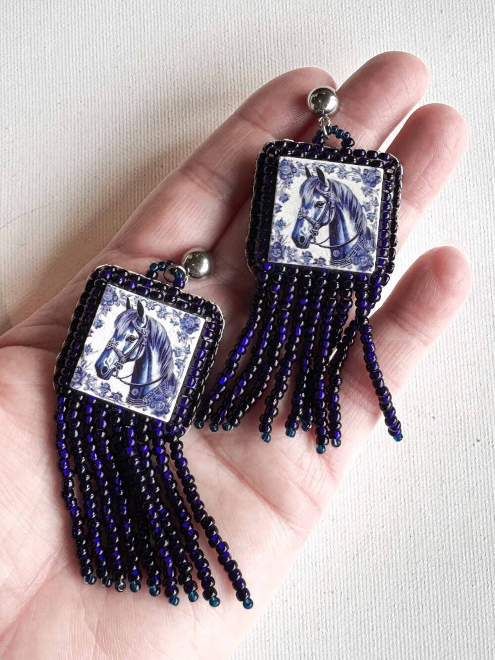 Handmade Blue Horse Ceramic Fringe Statement Earrings